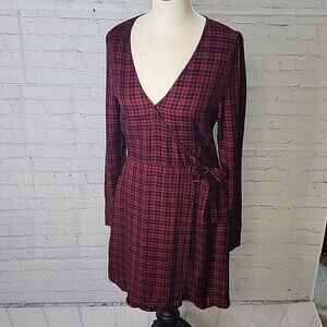 Plaid Wrap-Style Long Sleeve Dress in Burgundy